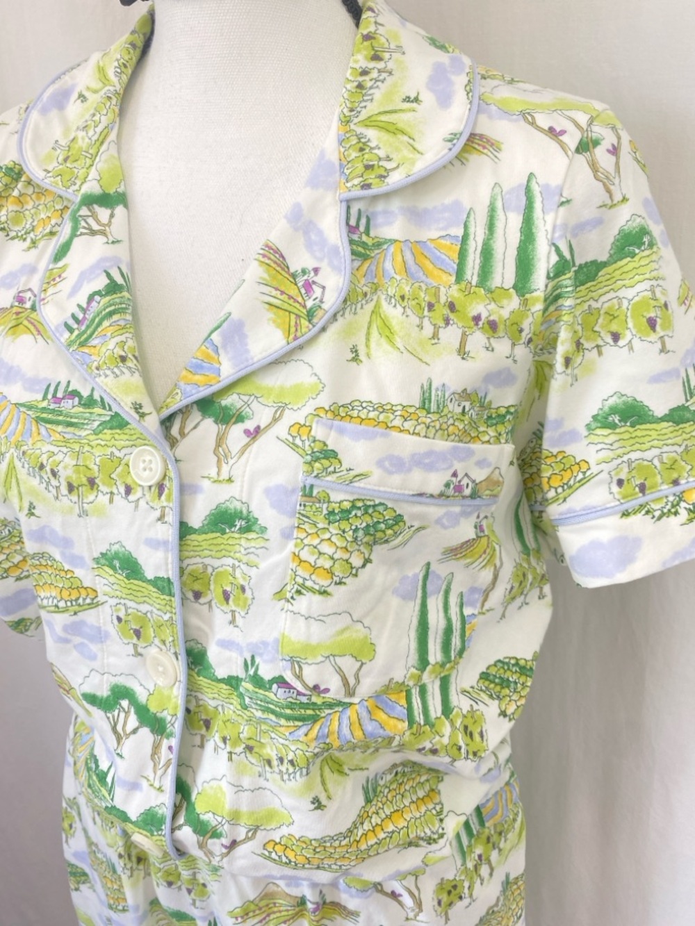 BedHead Pajamas "Wine Country" vineyard Green White Stretch Jersey Cropped MED - Picture 5 of 17